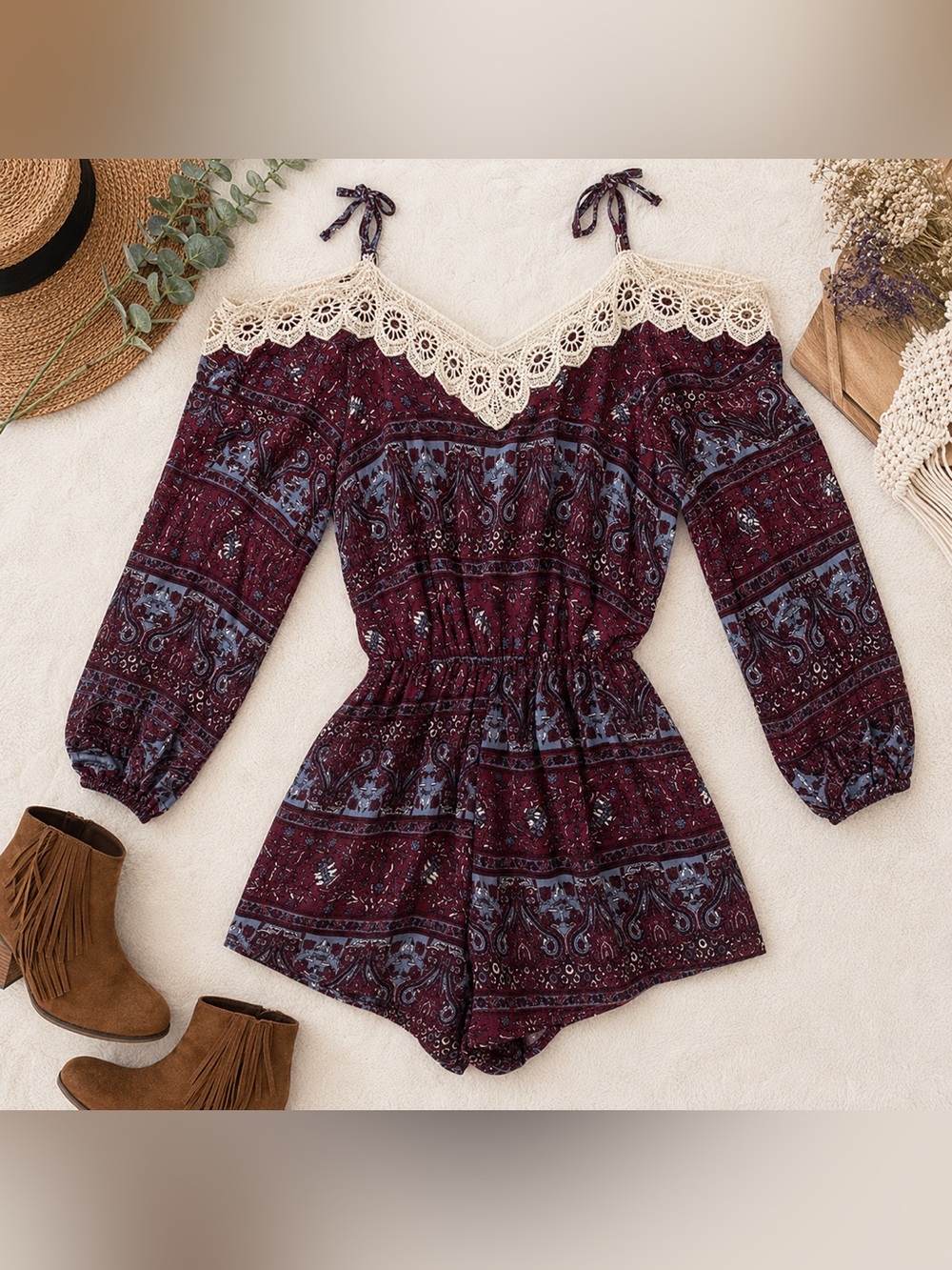 Charlotte Russe Boho Paisley Crochet Lace Romper Burgundy Size S